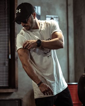 Man in t-shirt with cap and sunglasses adjusting sleeves inside a modern room.