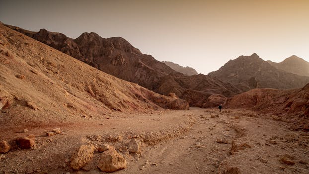 A captivating view of the barren desert mountains at sunrise in Eilat, Israel.