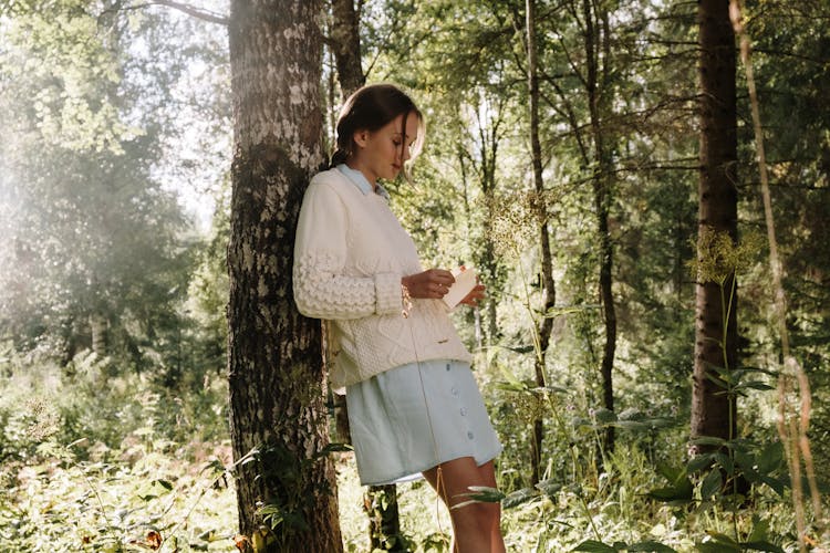 A Woman Reading A Letter In The Forest