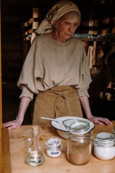 Elderly woman in headscarf arranging jars on a wooden table indoors.