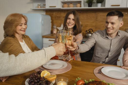 A happy group of people toasting with wine glasses at a cozy indoor dinner gathering.