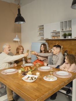 A joyful family celebrating with a toast during a cozy holiday dinner indoors.