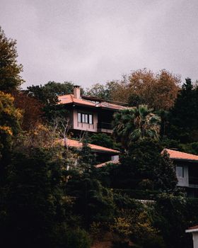 Serene hillside view of beautiful houses surrounded by lush gardens under overcast skies in Istanbul.