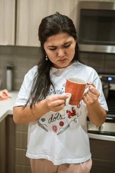 A woman in a casual white shirt inspects a mug in her bright kitchen setting.