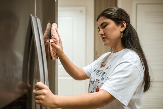 Woman cleaning a refrigerator door in a modern indoor kitchen setting with a focused expression.