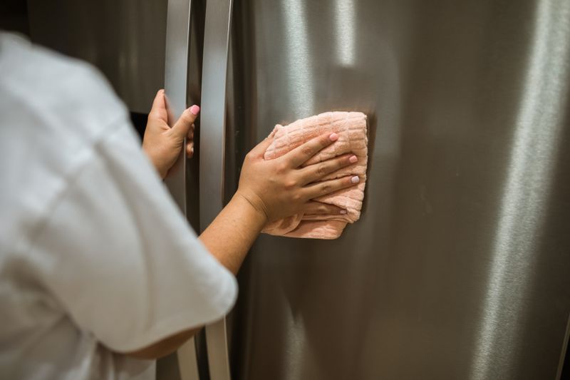 Hands using cloth to wipe stainless steel refrigerator. Indoor cleaning action.