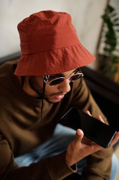 Stylish adult man wearing sunglasses and a bucket hat, holding a smartphone indoors.