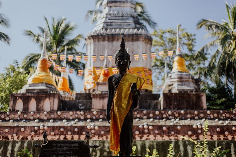 A Standing Buddha Statue Outside A Temple