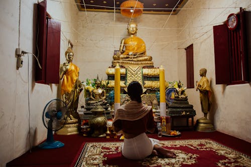 Back View of Woman Praying in Buddhist Shrine