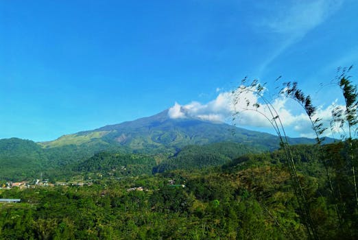 Scenic view of lush green hills and mountains under a clear blue sky in Pacet, Indonesia.