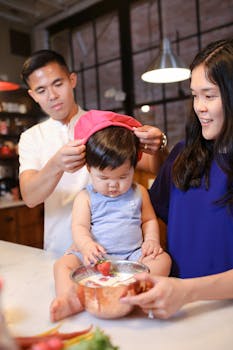 Cherished family moments with cooking together in a cozy kitchen setting.