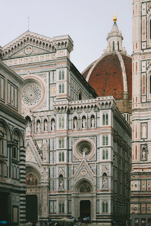 From below of aged cathedral with dome and classic facade under clear sky