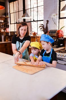 A mother and two kids enjoy a hands-on cooking lesson together, rolling dough in a cozy kitchen.