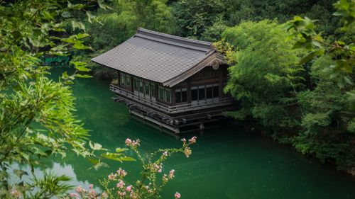 Free A tranquil view of a traditional Japanese pavilion over a serene green river surrounded by lush trees. Stock Photo