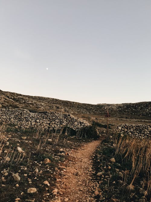 Aged enclosure with stones located on grassy terrain with pebbles against cloudless sky in rural area in countryside in nature