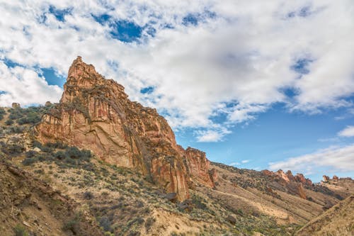 Rocky steep formation with dry grass and bushes