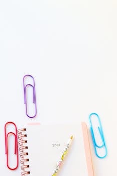 Vibrant flat lay of a notebook, pen, and paperclips on a white background.
