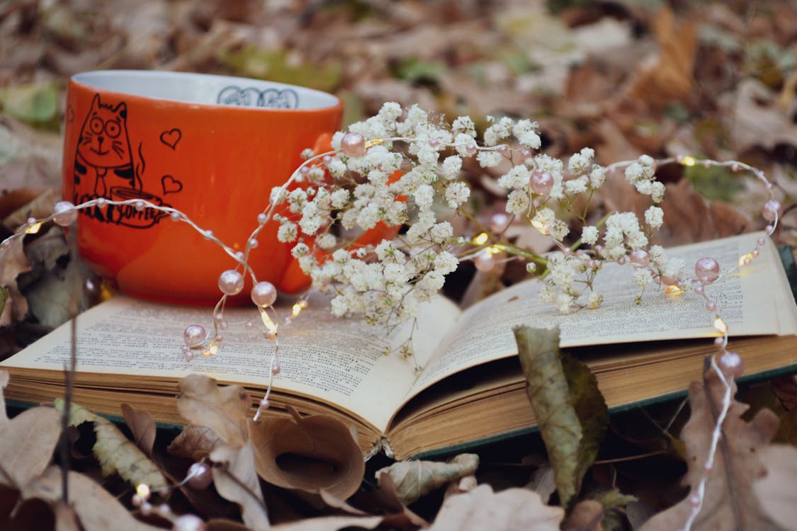 White Flowers And Orange Ceramic Mug On An Open Book