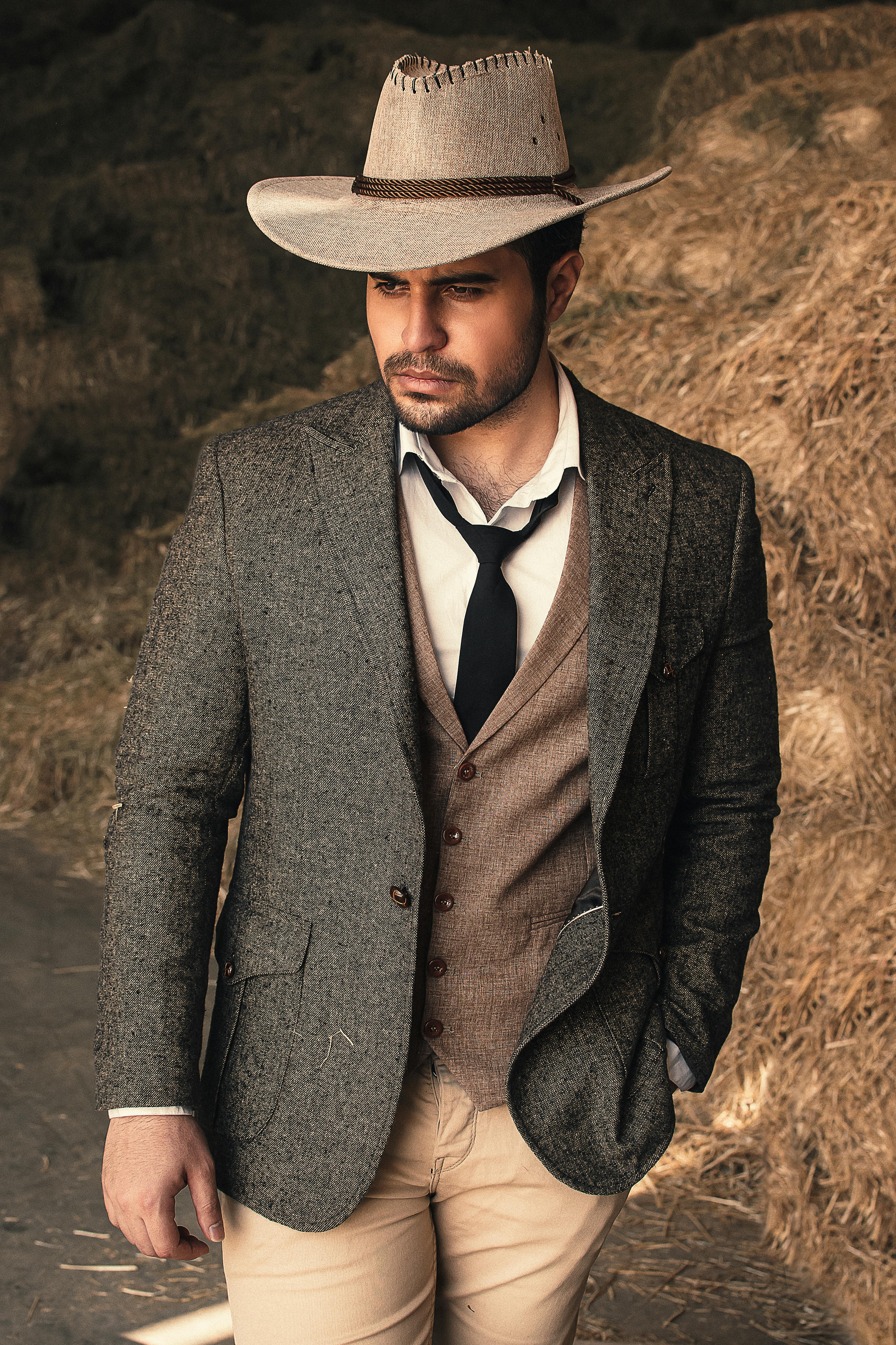 suit with cowboy hat