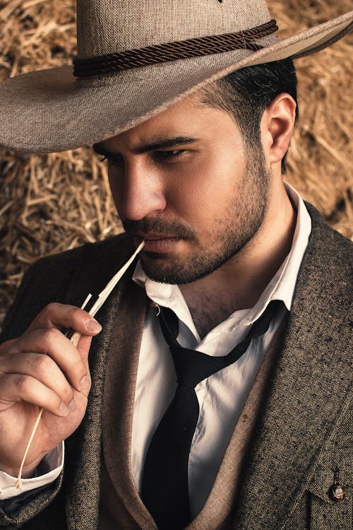 Free Man in Gray Suit  And Cowboy Hat Stock Photo
