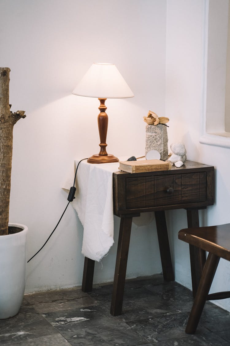 Brown Wooden Table With Lamp Shade