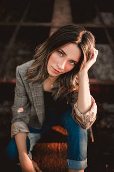 Stylish woman posing confidently in casual wear outdoors, captured in warm lighting.