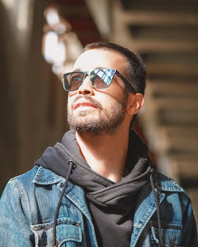 Portrait of a fashionable man in sunglasses wearing a denim jacket, capturing urban street style.