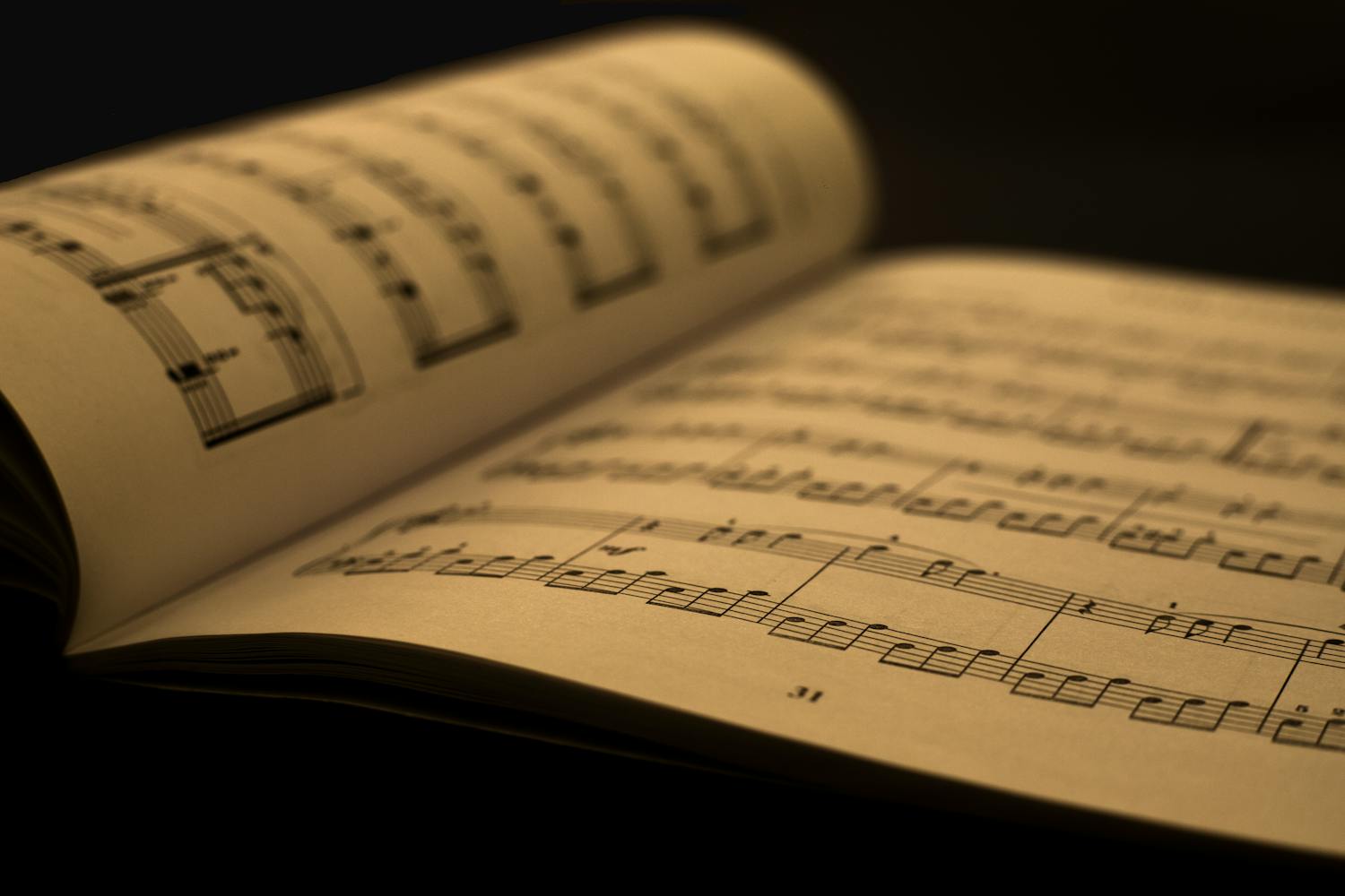 Open music sheet book with notation