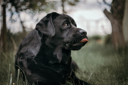 Charming black Labrador dog lying on green grass, enjoying the outdoors.