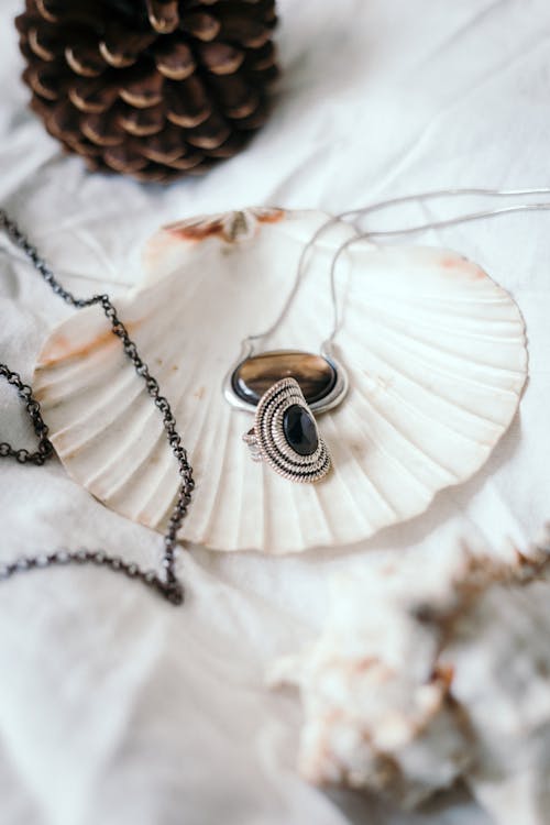 Silver Round Pendant Necklace on Seashell