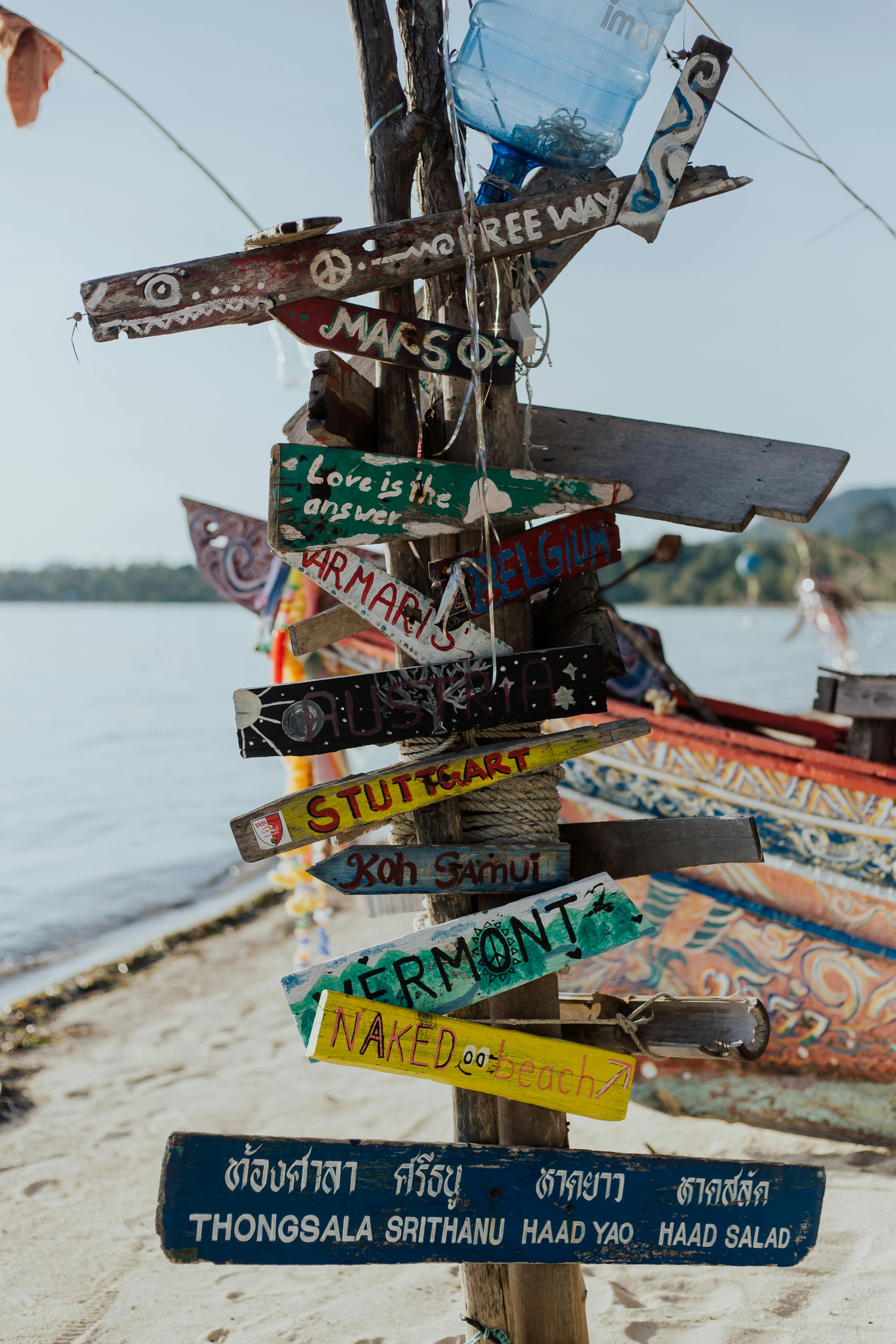 wooden signages on the beach