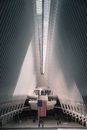 Interior of modern Oculus transportation hub at World Trade Center New York City Subway station with American flag hanging on center in sunny day