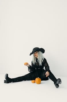一个穿着女巫服装的时尚女性坐在工作室的南瓜布景中