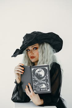 一位身着女巫服装、手持塔罗牌的女性的优雅肖像