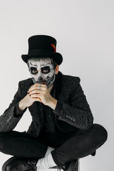 Portrait of a man with gothic skull makeup and top hat in a studio setting.