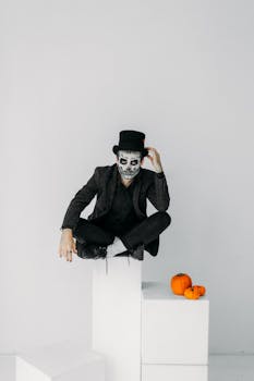 在万圣节主题的摄影工作室里，一个男人画着骷髅妆