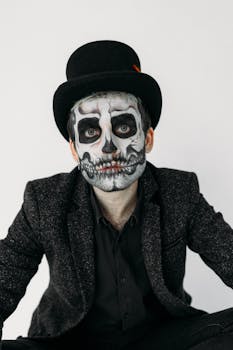 Portrait of a man in eerie skull makeup wearing a top hat, perfect for Halloween themes.