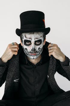 Spooky, stylish portrait with skull makeup and top hat, perfect for Halloween themes.