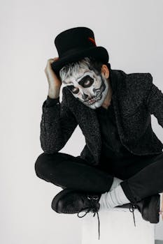 一个身穿深色骷髅图案服装的男人在室内若有所思地摆着姿势