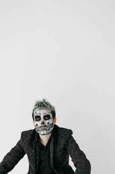 Man with skull makeup in black suit, capturing creepy Halloween vibes.
