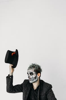 Portrait of man with skull makeup and fedora, trendy and spooky Halloween vibe.