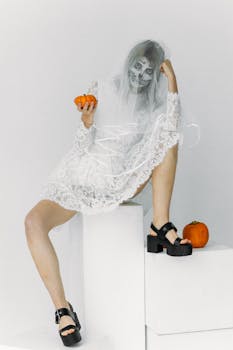 A spooky bride with skull makeup poses with pumpkins in a studio setting.