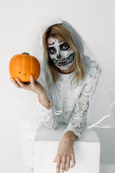 A woman in eerie skull makeup and bridal attire holding a pumpkin, perfect for Halloween themes.
