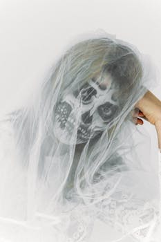一位女子头戴面纱、面绘骷髅的幻想肖像，唤起了萦绕心头的美感