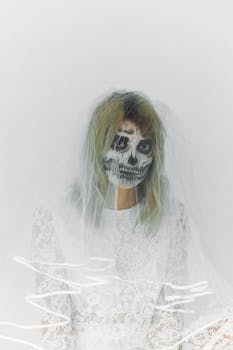 一位身着白色连衣裙的新娘，头骨妆容与面纱构成了一幅怪异的肖像