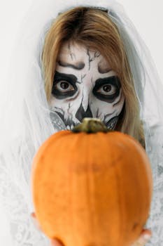 A woman in skull makeup holds a pumpkin, embodying Halloween's spooky essence.