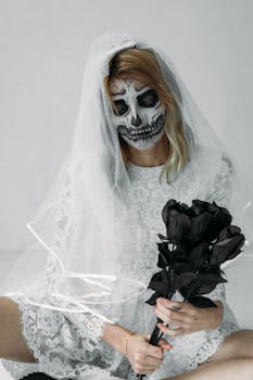 A skull-painted bride in white lace holds black roses, creating a hauntingly beautiful portrait.