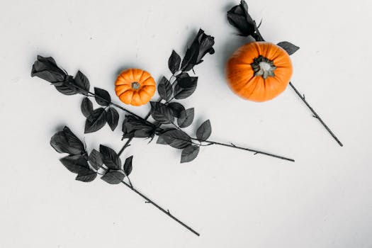Elegant flat lay of pumpkins and black roses, perfect for Halloween decor inspiration.