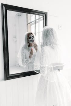 A bride in skull makeup applies lipstick in front of a mirror, evoking a ghostly yet glamorous vibe.