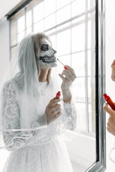 在明亮的工作室环境中，穿着带有骨架面漆婚纱的新娘正在涂口红